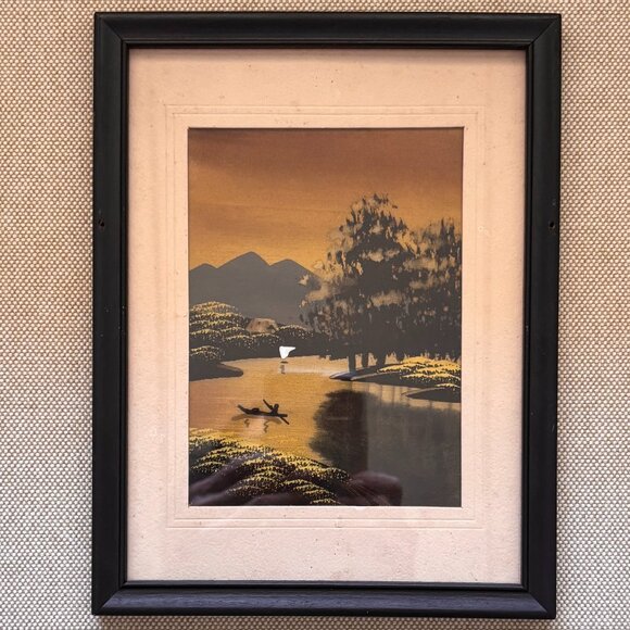 Vintage Japanese Silk Painting River Mountain Scene - Picture 1 of 5